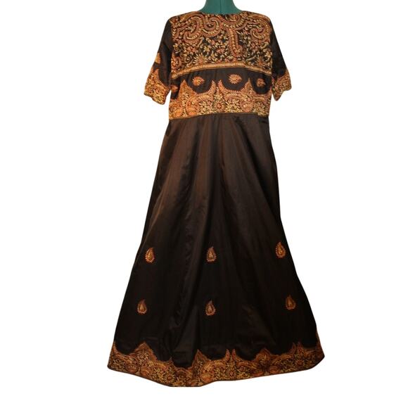 Vintage Black Embroidered Maxi Dress Boho Caftan Gown Paisley - Picture 2 of 7